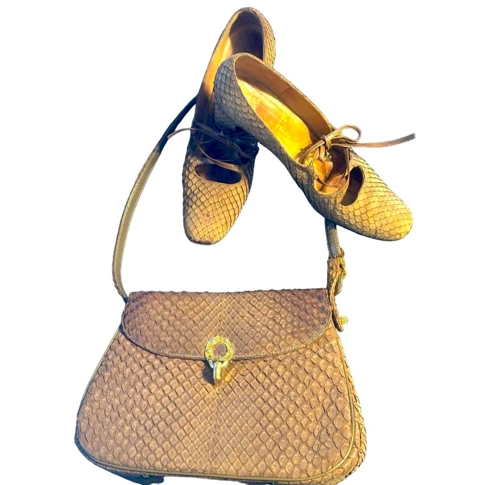 Vintage Felipe Snakeskin Brown Bag and Shoes 6 1/2N made in Spain